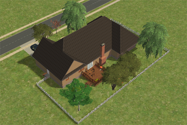 The back of a Sims 2 house with a fenced yard, large trees, chimney, raised wooden deck, patio furniture, and backyard seating.