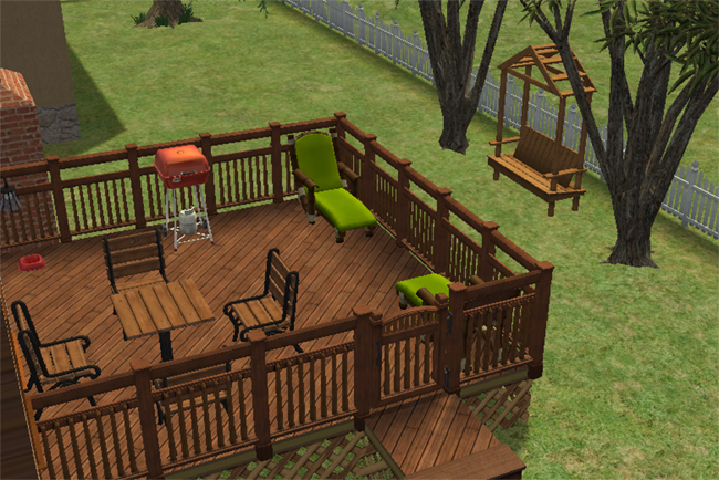 A Sims 2 backyard deck with outdoor chairs, a grill, lounge seating, trees, fencing, and a wooden garden bench.