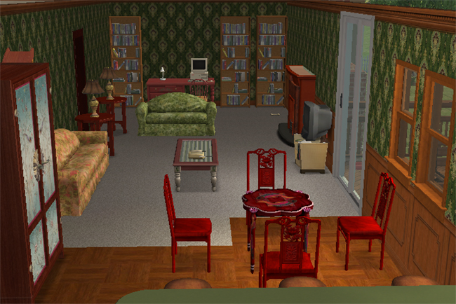 A furnished Sims 2 living and dining room with green wallpaper, wood trim, red dining furniture, bookcases, seating, and sliding doors to the deck.