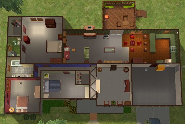 An overhead floor plan of a furnished Sims 2 house with three bedrooms, two bathrooms, a kitchen, living areas, parlor, driveway, and back deck.
