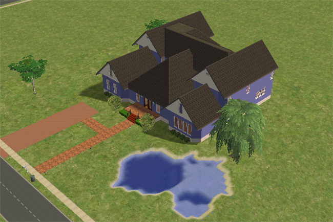 An angled exterior view of a large blue Sims 2 manor with a pond, brick path, wide rooflines, and an open grassy lot.