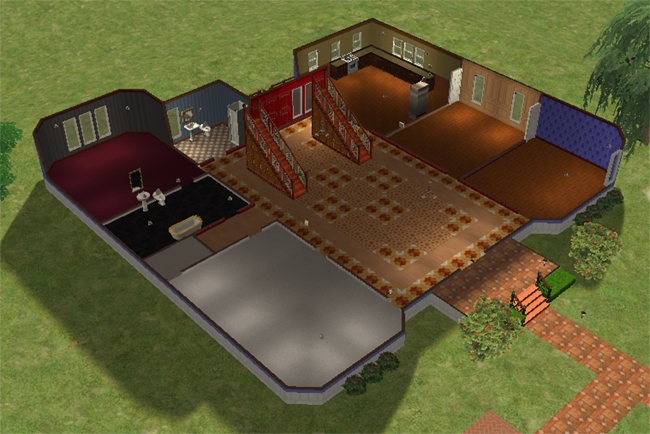 The first floor of a large Sims 2 manor with a grand central hall, double staircase, bedrooms, bathrooms, kitchen area, and multiple living spaces.