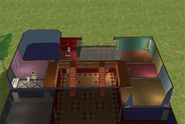 The second floor of a large Sims 2 manor with a balcony hallway, several bedrooms, bathrooms, and rooms arranged around the central stair opening.