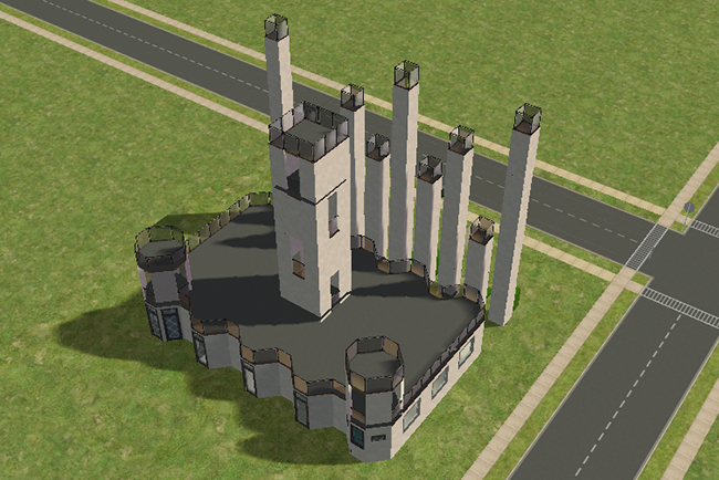 Rear exterior aerial view of Blue Harvest, a futuristic fortress-like home with towering staggered pillars, rounded corner structures, and dark modern roofing inspired by sci-fi industrial architecture.