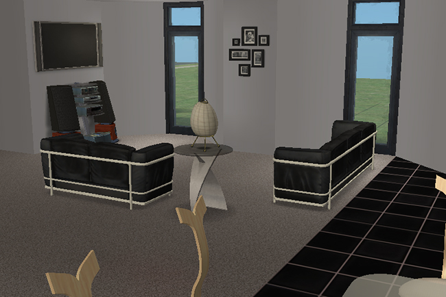 Interior living room view of Blue Harvest showing minimalist modern furnishings, black leather seating, tall narrow windows, monochrome flooring, and sleek futuristic décor.
