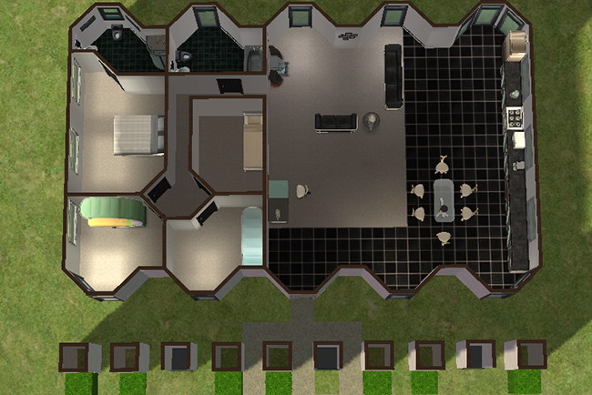Top-down interior floorplan view of Blue Harvest featuring a large open modern living area, angular bedroom layout, black tiled kitchen and dining space, and multiple compact bathrooms.