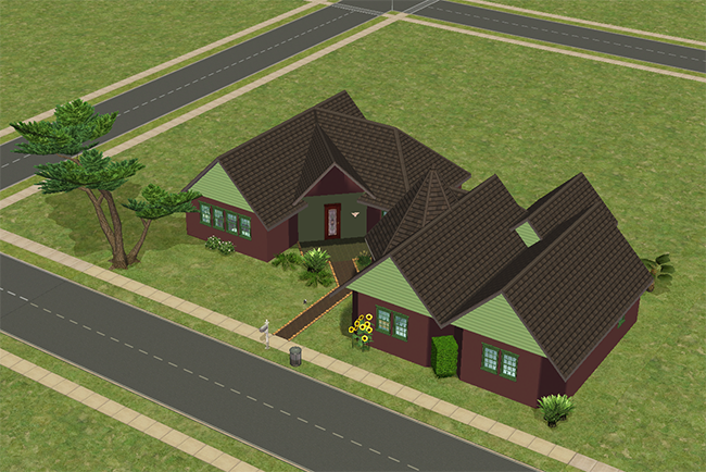 An angled front view shows Brandywine’s wide one-story layout with dark red siding, pale green gables, brown rooflines, a curved front path, small plantings, and surrounding sidewalks.