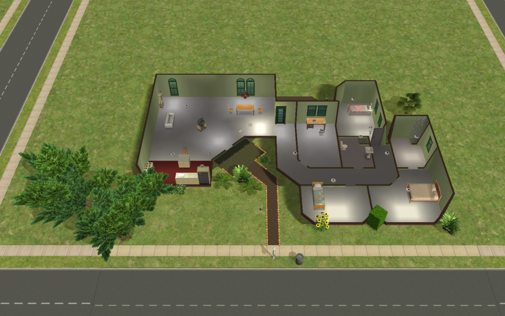 A top-down cutaway view shows Brandywine’s one-story floor plan with four bedrooms, two bathrooms, a kitchen, open living areas, a study, basic furnishings, lighting, and a front entry path.
