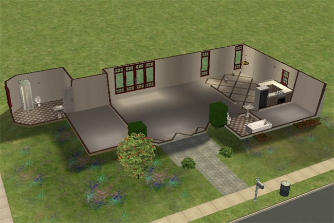 An overhead view of a Sims 2 house with two bedrooms, two bathrooms, a kitchen, large open living areas, and basic plumbing and appliances.