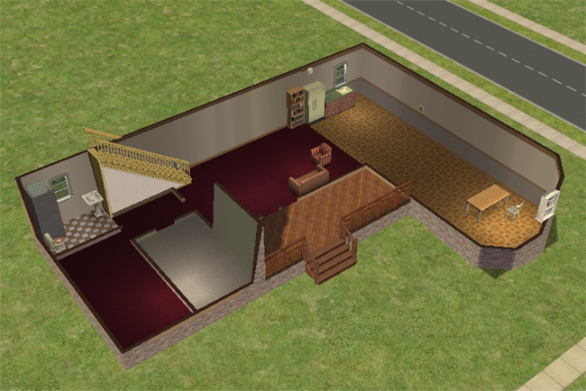 Cutaway first floor view of Brownstone showing a raised front deck, living room, kitchen and dining area, bathroom, staircase access, and an attached side wing with large windows.