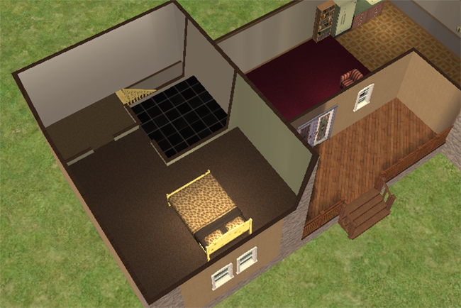 Cutaway upper floor view of Brownstone featuring a bedroom, bathroom area, staircase access, warm wood deck below, and a partial view into the first-floor living spaces.