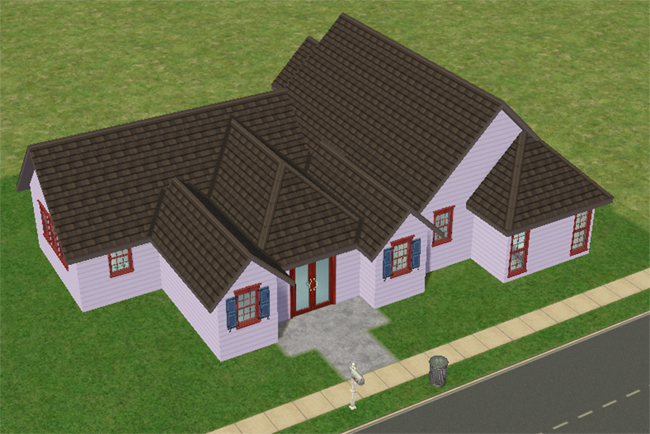An angled exterior view of a pale blue Sims 2 house with layered dark rooflines, red-trimmed windows, blue shutters, and a small front entry.