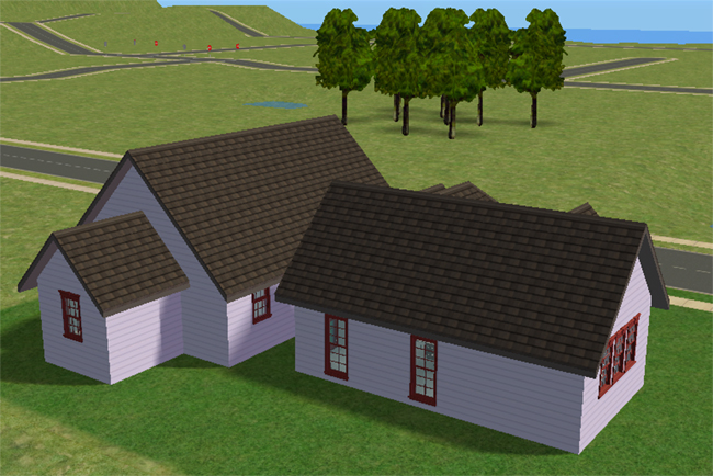 The rear of a pale blue Sims 2 house with dark rooflines, red-trimmed windows, a long side wall, and a simple grassy yard.