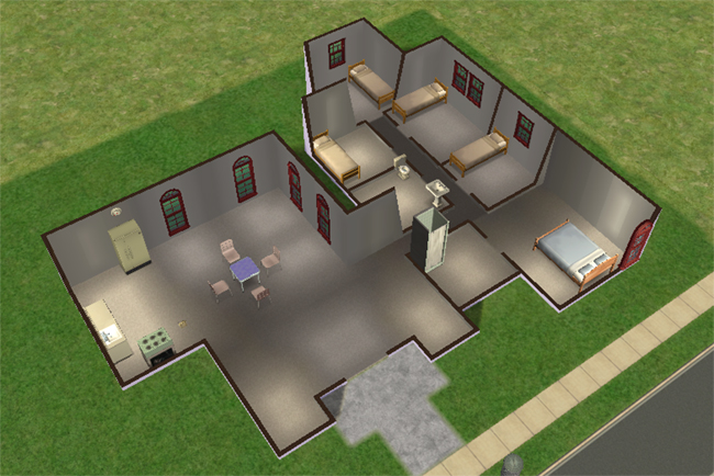 A furnished Sims 2 house interior with several bedrooms, two bathrooms, open living and dining space, a kitchen, and essential furnishings.