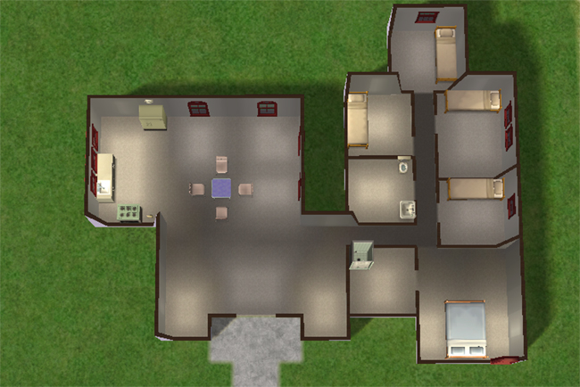 An overhead floor plan of a Sims 2 house with multiple bedrooms, two bathrooms, a kitchen, dining area, living space, and essential furnishings.