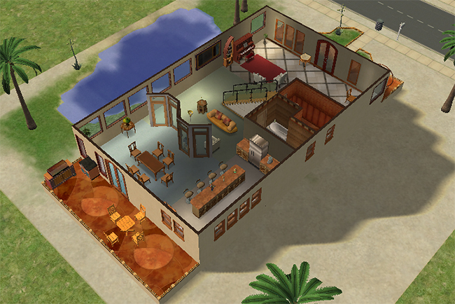 Cutaway first floor view featuring expansive modern living spaces, broad staircases, large windows, connected entertaining areas, and open interior layouts.