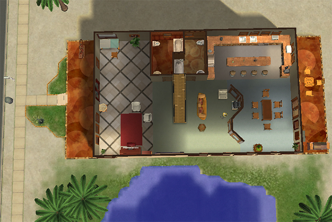 Top-down floorplan view showing the layered interior layout, terrace access, staircase placement, connected living spaces, and overall structure of the Cairo Modern house.