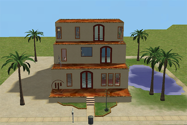 Front exterior street-level view of the Cairo Modern house showing stacked terrace levels, tall windows, layered balconies, and dramatic Egyptian-inspired architectural forms.