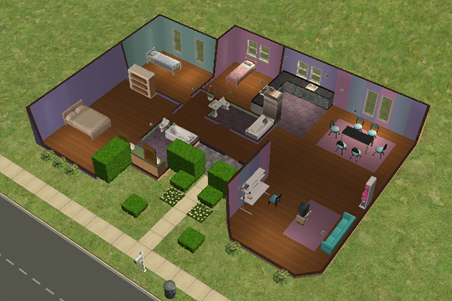 Angled interior cutaway view of Carnival House featuring the open-plan living and dining spaces, colorful kitchen, three-bedroom layout, and central courtyard-style entry surrounded by trimmed hedges.