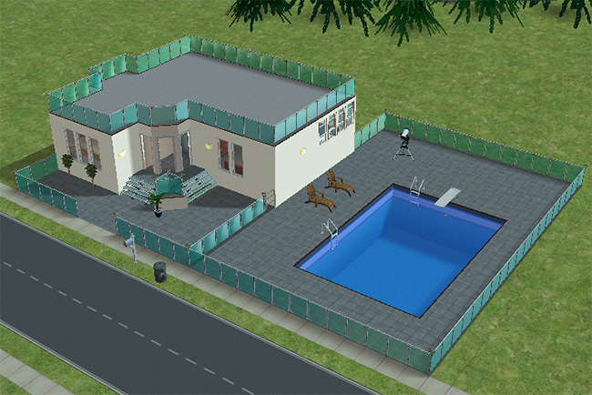 Front angled exterior view of a modern single-story home featuring expansive fenced patios, glass railings, a massive outdoor pool, and contemporary resort-style architecture.