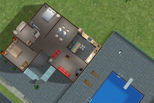 Top-down floor plan view of the Chianti house showing an open modern layout with connected living spaces, two bedrooms, large patio areas, and direct pool access.