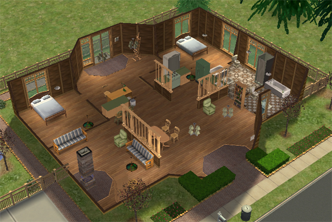 A fully furnished Sims 2 cabin interior with two bedrooms, two bathrooms, wood floors, fireplace, kitchen, seating areas, and activity space.