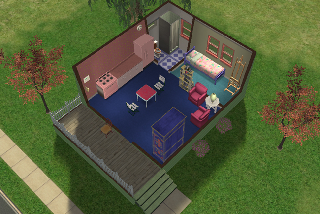 A compact furnished Sims 2 cottage with one bed, one bathroom, a small kitchen, sitting area, blue carpet, and a front porch.