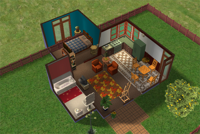 An overhead floor plan of a fully furnished one-bedroom home with a kitchen, living area, bathroom, bedroom, activity space, and fenced yard.