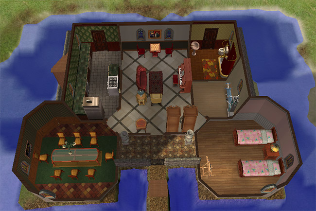 An overhead view of a furnished castle-style home with a kitchen, living area, dining room, bathroom, bedroom, piano, and water around the exterior walls.