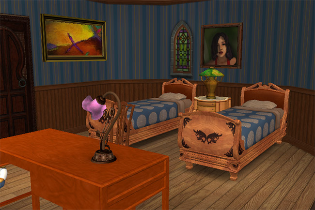A blue bedroom with twin beds, wood floors, stained-glass windows, wall art, a desk, lamps, and carved wooden bed frames.