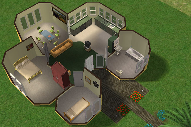 Interior cutaway view of Dainty Daisy showing the floral-inspired circular room layout with compact bedrooms, open living and dining spaces, curved kitchen counters, and a spacious rounded bathroom.