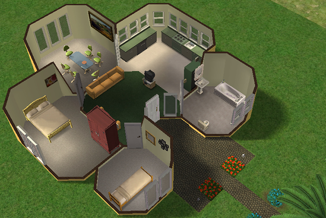 Interior cutaway view of Dainty Daisy showing the floral-inspired circular room layout with compact bedrooms, open living and dining spaces, curved kitchen counters, and a spacious rounded bathroom.