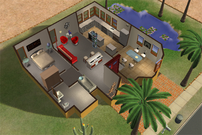An overhead floor plan of a fully furnished one-bedroom home with a kitchen, living area, bedroom, bathroom, bar, activity space, patio, and pond view.