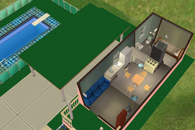 Interior cutaway view showing the compact open-plan living room, kitchen, and dining area connected to a small rear bedroom and bathroom, with the fenced swimming pool visible outside beside the house.