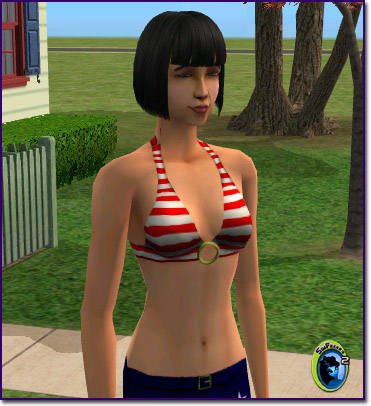Female Sim wearing a red and white striped bikini top with a gold ring center.