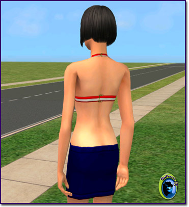 The back of a sim wearing a red and white striped bikini top and navy blue skirt.