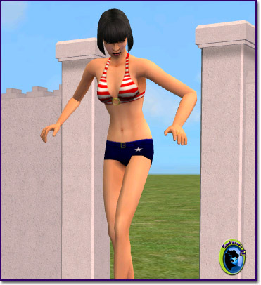 Female Sim in matching USA bikini swimwear with star detail.