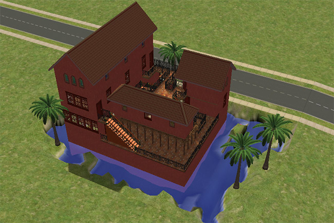 A side and rear angled view of the red home with wraparound water, palm trees, raised terraces, black railings, and exterior stairs.