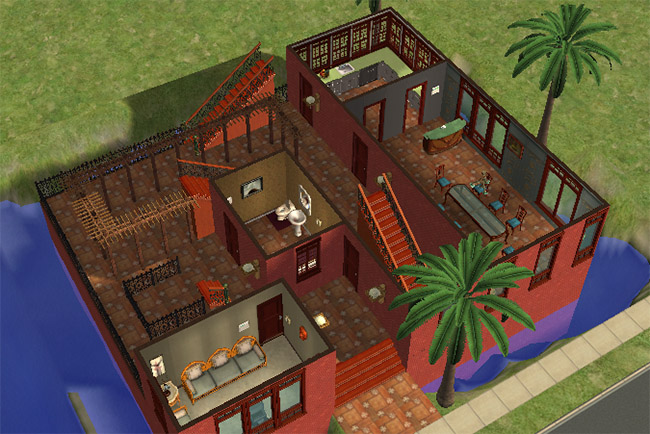 An angled ground floor view with a kitchen, dining area, living space, bathroom, outdoor terraces, exterior stairs, palm trees, and water around the house.