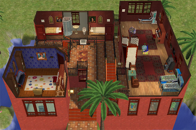 An angled second floor view with furnished bedrooms, bathroom space, activity areas, balcony railings, exterior stairs, and open walkways between rooms.