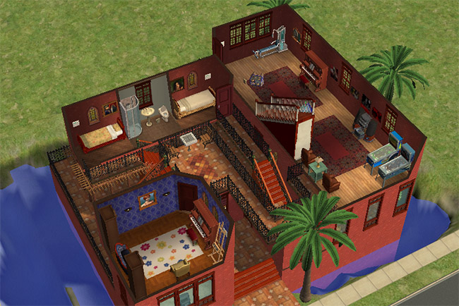 A second floor staircase view showing furnished rooms, outdoor stair access, railings, walkways, and the house’s layered exterior stair layout.