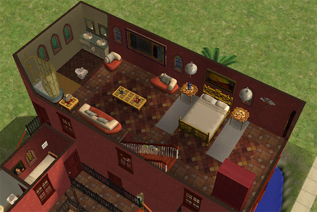 A furnished third floor master bath with patterned flooring, arched windows, sitting areas, bath fixtures, and a staircase connection.