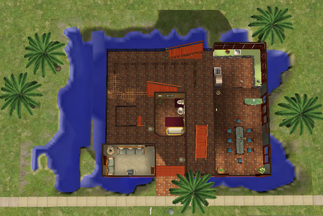 A top-down view of the first floor showing the floor layout, exterior stair system, terraces, water, and surrounding lot design.