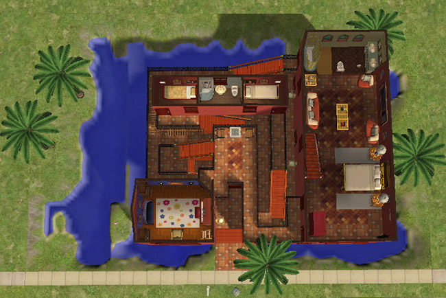 A top-down view of the second floor showing the floor layout, exterior stair system, terraces, water, and surrounding lot design.