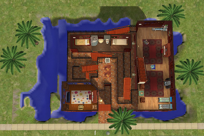 A top-down view of the third floor showing the floor layout, exterior stair system, terraces, water, and surrounding lot design.