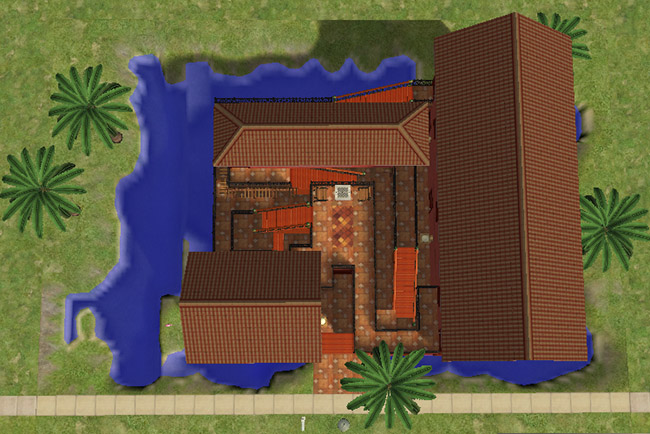 A top-down roof view showing the roof sections, exterior stair layout, terraces, water, and surrounding lot design.