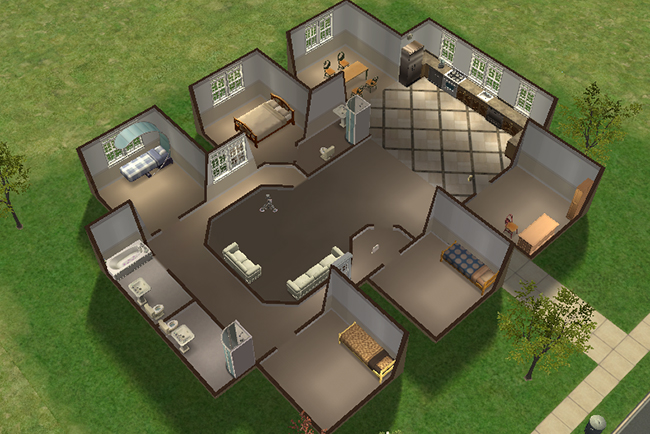 Interior cutaway view of Gigachip featuring a spacious central living area surrounded by bedroom wings, a large angular kitchen and dining space, multiple bathrooms, and a symmetrical open floorplan inspired by a computer chip design.
