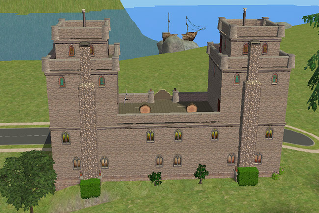 The back of the castle shows twin towers, crenellated walls, small windows, stone stairs, and shrubs along the rear wall.