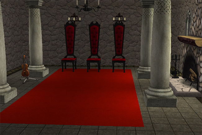 A stone throne room with three red thrones, tall columns, a red carpet, gothic windows, and dark medieval furnishings.