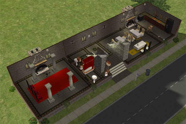 An overhead view shows the entry level with a throne room, dining hall, stone floors, columns, stairs, fireplaces, and long narrow rooms.